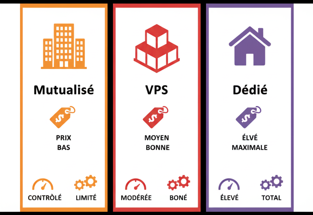 Infographie comparative des types d'hébergement : Mutualisé, VPS, Dédié